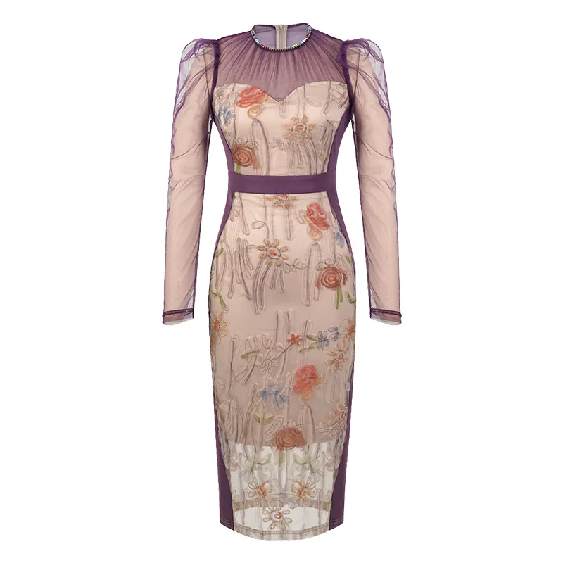 Длинное платье-футляр с принтом весеннее новое французское сетчатое платье из