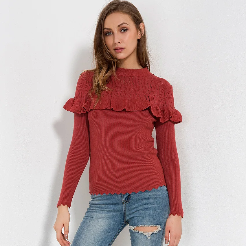 

Облегающая трикотажная рубашка с оборками и длинными рукавами, женский свитер, СЕРЫЙ 22