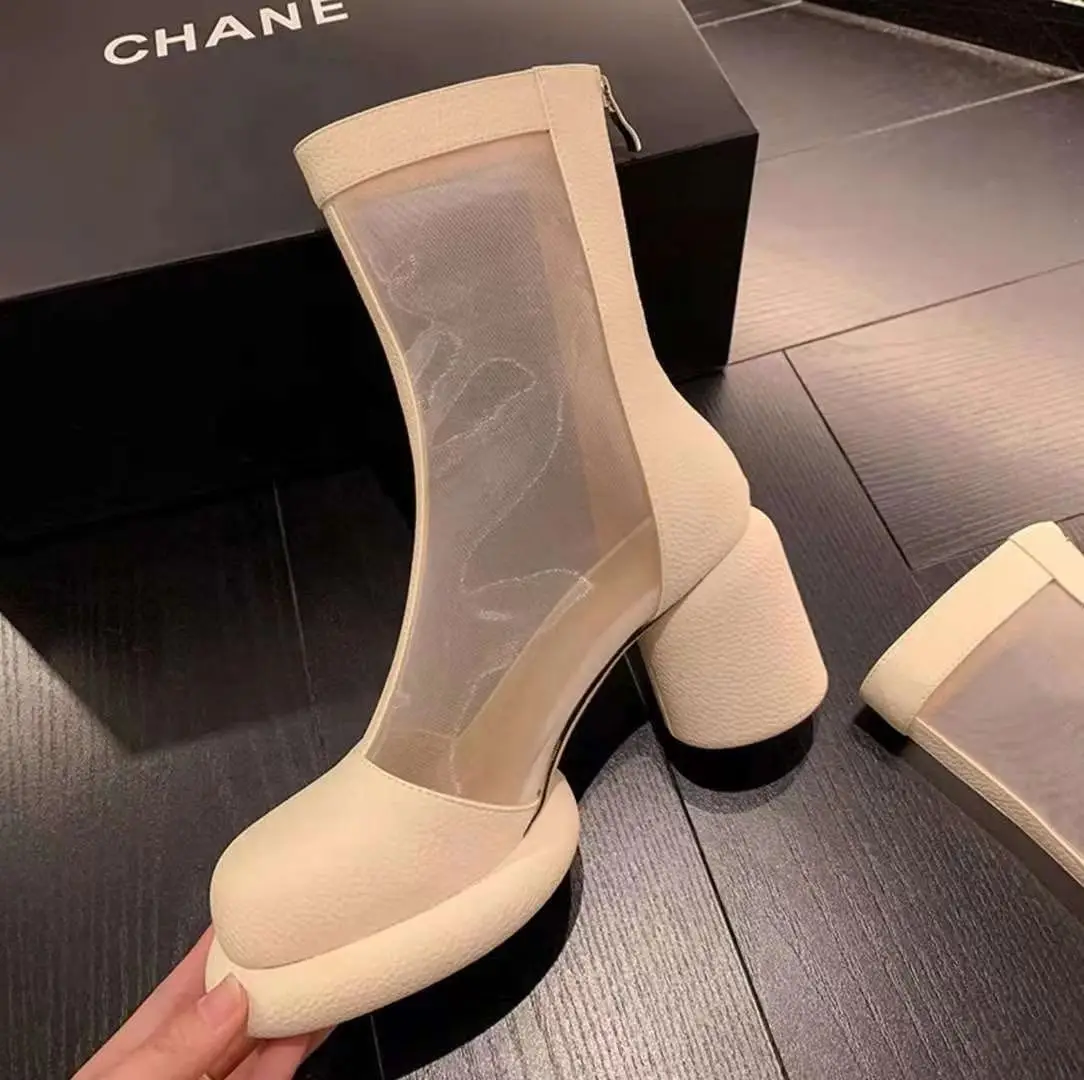 

Women's shoes 2022 summer thick heel transparent mesh cool boots round toe thick bottom high heel back zipper short boots