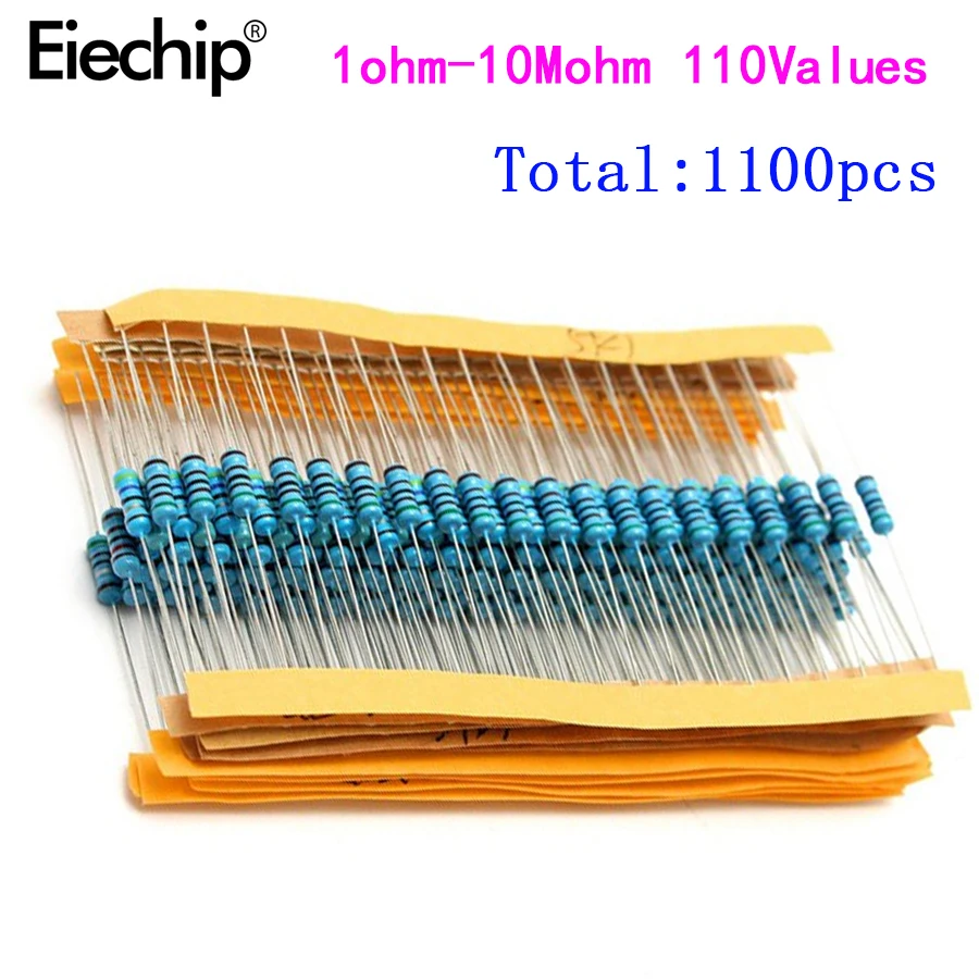 

1100pcs/lot 1/2W 1M Metal Film Resistor Assorted Kit 1R/2.2R/3.3R/4.7R/100R/100K/470K/10M/1M/2M ohms Metal Film Resistors Set