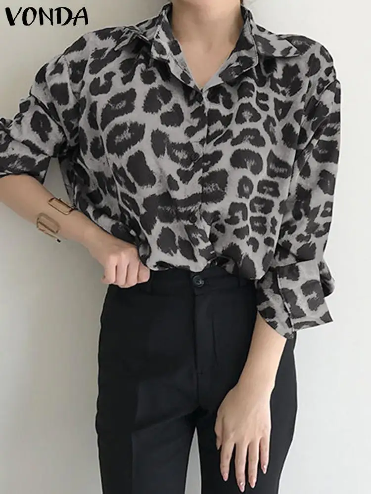 

VONDA 2022 Y2K Vintage Women Long Sleeve Blusas Baggy Tops Female Lapel Button Up Polyester Shirt Chemise Leopard Printed Blouse