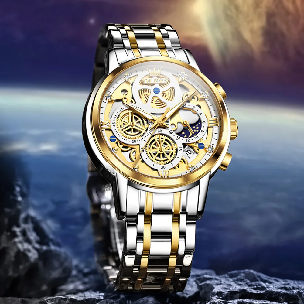 

OLEVS Men's Watches Top Brand Luxury Waterproof Quartz Watch for Man Gold Skeleton Style 24 Hour Moon Phase Luminous Hands