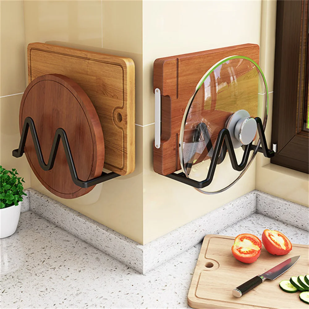 

Wall Mount Adhesive Plate Holder No Punching Rust-proof Pot Cover Holder Durable Strong Bearing Capacity Chopping Board Rack