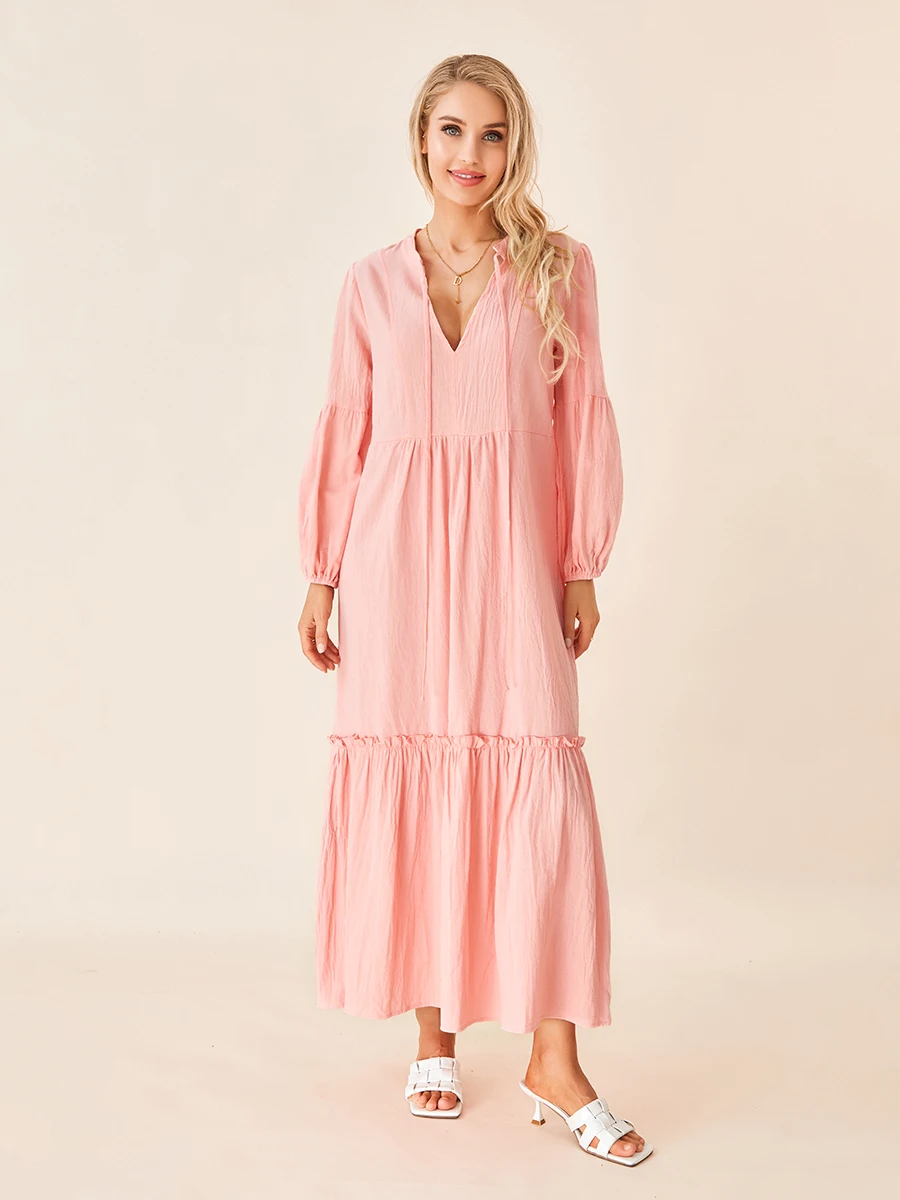 

Женская свободная ночная рубашка, одежда для сна с длинным рукавом и V-образным вырезом, однотонное богемное платье с оборками на подоле, платье, платья