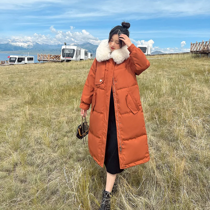 New Winter Cotton Jacket for Women Hooded SolidLoose Fashion Hooded Fur Collar Medium Length Thickened Warm Lady Cotton Jacket