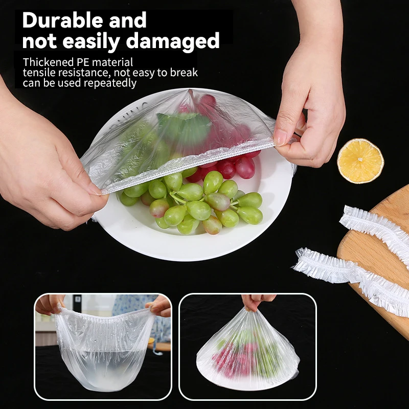 

100Pcs Disposable Fresh Keeping Saver Bag Leftovers Food Dustproof Cover Adjustable Plastic Cling Wrap Household Film Sealed Lid