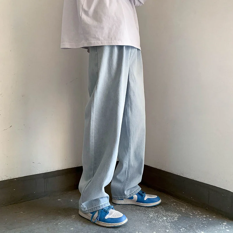 Джинсы мужские с потертостями прямые брюки из денима широкими штанинами в стиле