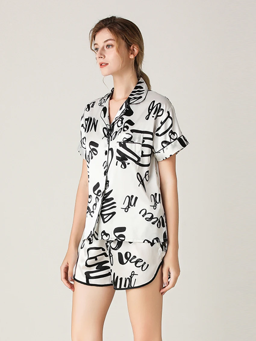 Marthaqiqi Casual Floral Women'S Pajama Set Sexy Turn-Down Collar Sleepwear Short Sleeve Nightie Shorts Loose Women Summer Suits