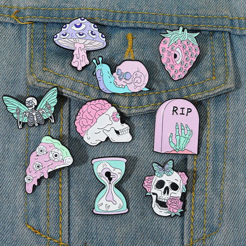 

Pink Punk Skull Enamel Pin Intensive Eye Strawberry Pizza Mushroom Brooch Clothes Bag Gothic Lapel Badge for Friends Kids Gift
