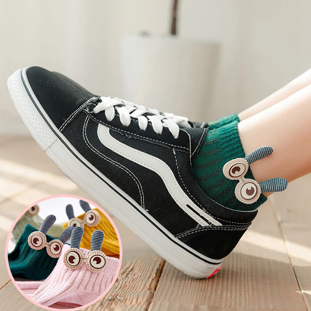 4Pairs White Socks Women Cute Socks Polyester Fashion Pink Woman Kawaii Eye Solid Color Relaxed Soft Breathable Crew Socks Gift