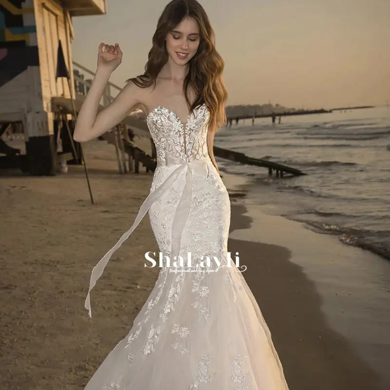 

Свадебное платье, кружевное свадебное платье с коротким рукавом и круглым вырезом, роскошная кружевная аппликация, Тюлевое платье со шлейф...