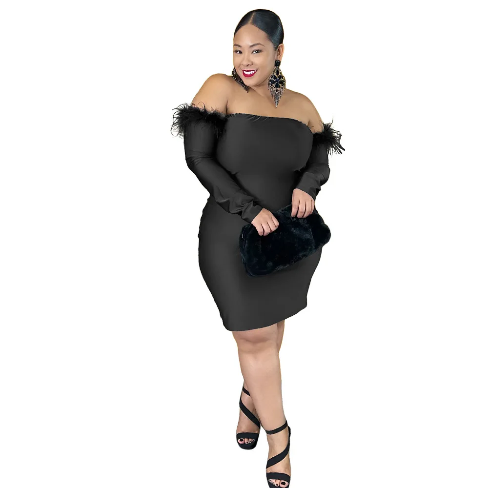 Plus Size Dress Elegant Women's Dresses for Party 2022 Solid  Above Knee Mini Long Sleeve Office Lady Slim Sheath Slash Neck