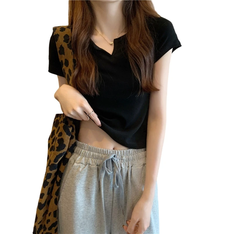 

Women Teen Girls Summer Basic Short Sleeve Crop Top Notched V-Neck Simple Solid Color T-Shirt Casual Slim Fitted Pullover Blouse