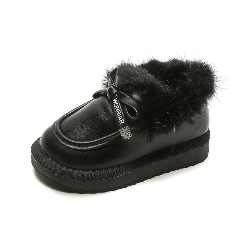 

Kids Fashion Winter Warm Breathable Flats Casual 2022 Baby Girls Simple Bow with Fur Kids Cotton Shoes New Winter Britain Style