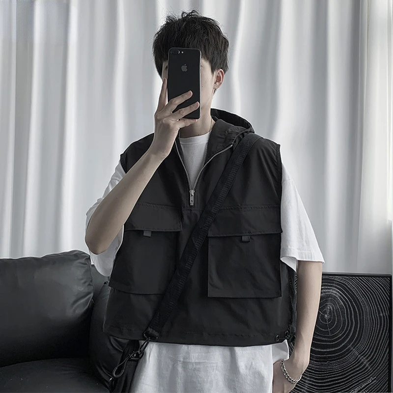 

Жилеты мужские модные карманы Карго без рукавов Студенческая укороченная повседневная одежда с капюшоном универсальная Минималистичная Харадзюку тактическая Мужская