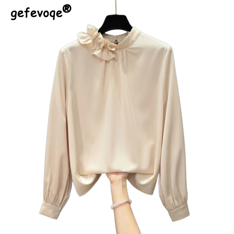 

Spring Autumn Ruffles Stand Collar Solid Elegant Fashion Shirt Ladies Long Sleeve Loose Casual All-match Blusa Bottoming Blouse