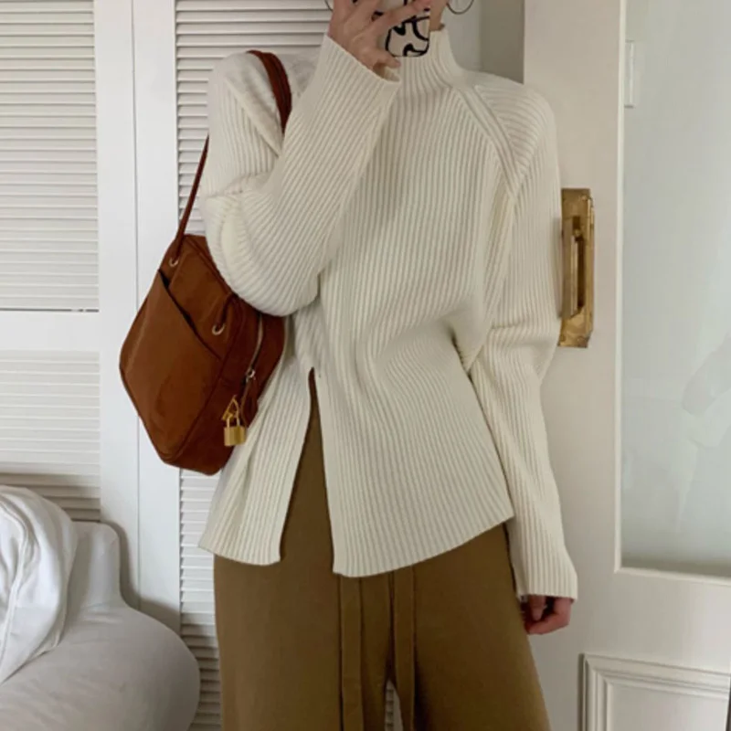 

Round Neck Striped Knitted Sweater Women Autumn Winter New Design Side Slit Tops Casual Simple Commuter Female Inner Top