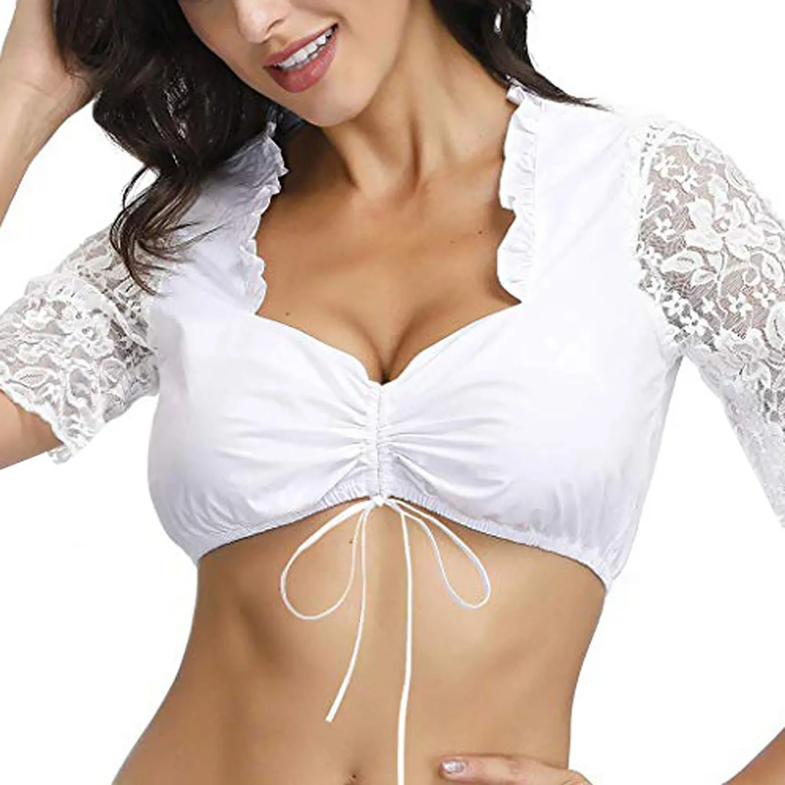 

Sexy Lace Half Shirt Half-length Lace Patching Short-sleeved T-shirt for Evening Party Costume