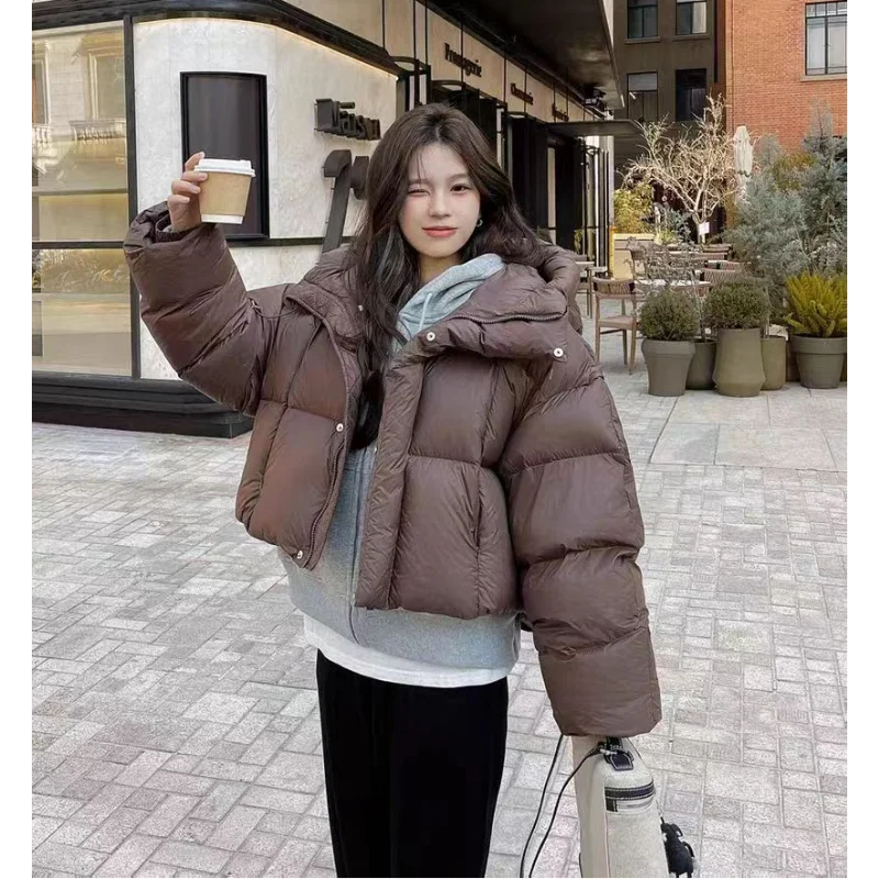 wa kurtka damska Krótka puchowa z kapturem 2024 Płaszcz zimowy Koreańska moda Grube ciepłe parki Luźna biała kaczka Różowa odzież wierzchnia