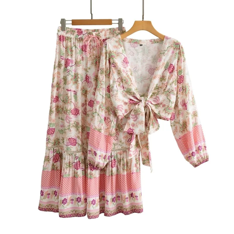 

Vacation Bohemian Boho Beach Outfits for Women Elegant Floral Printed Tops+long Skirts Two Piece Set Female