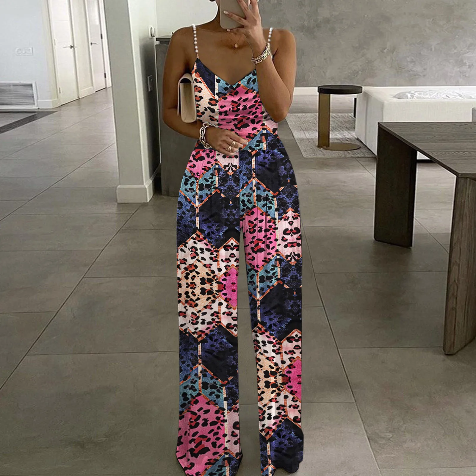 

Rompers Leg Pants Top Jumpsuit Pearl Wide Printing Sexy Sling Prisoner Jumpsuit Women Ladies Dressy Suit Women Ski Jumpsuit