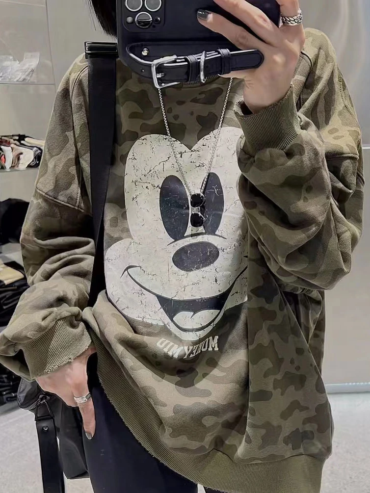 Camouflage Color Round Neck Sweatshirts for Women 2022 Autumn New Fashion Cartoon Printed Loose Long Sleeves Pullover Hoodies
