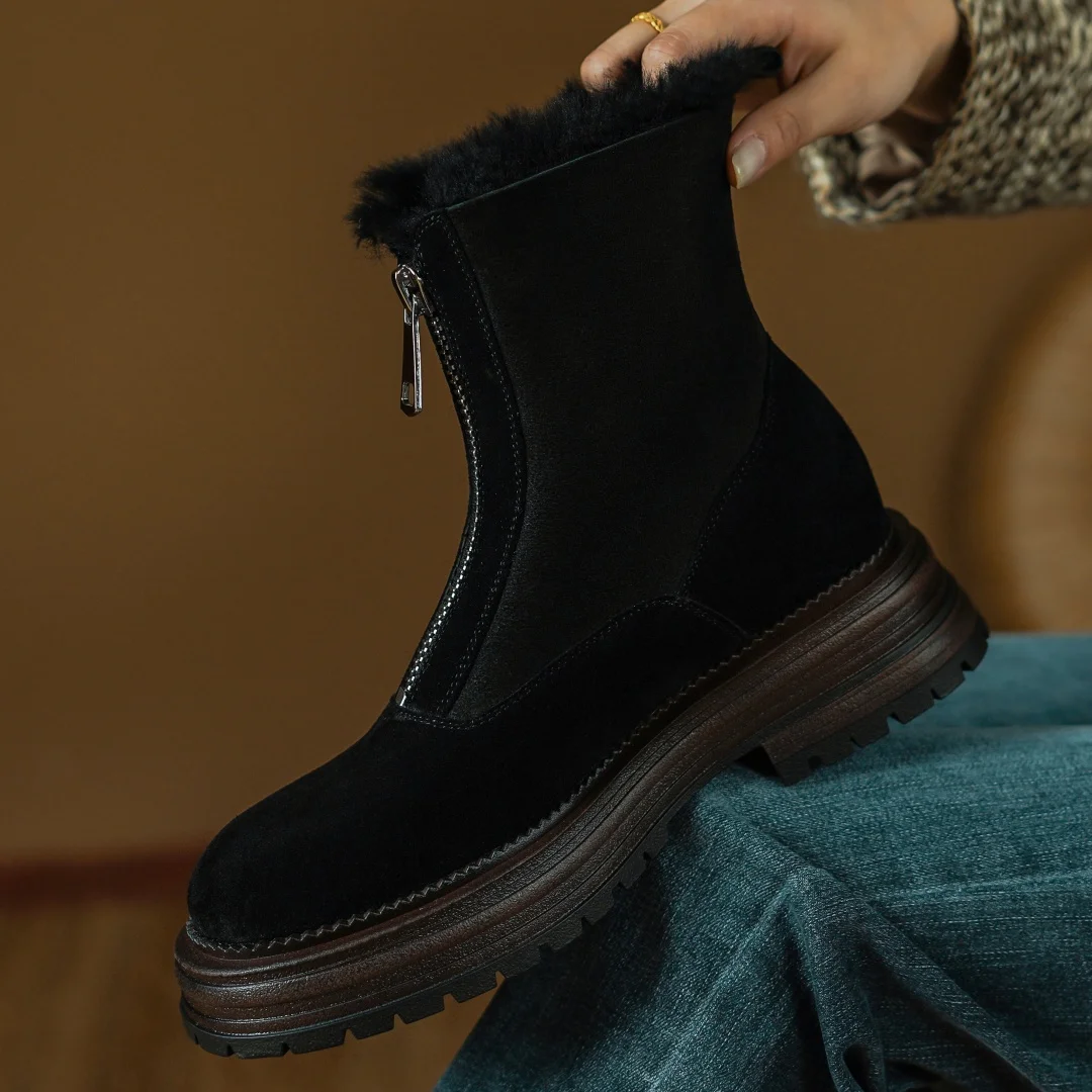 Зимние женские ботинки из замши на толстой подошве