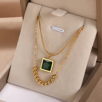 double chain round beads necklace vintage green zircon pendant necklace for women jewelry gift stainless steel thin snake chain