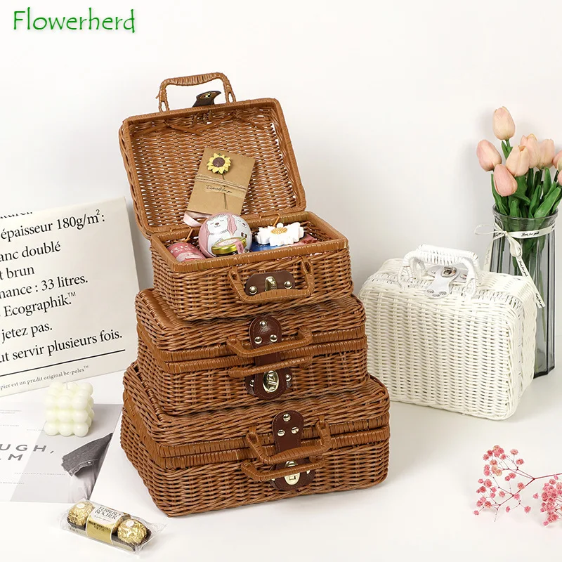 

Imitation Rattan Storage Box Handmade Prop Box Finishing Box Picnic Basket Suitcase Retro Woven Box Storage Organizer