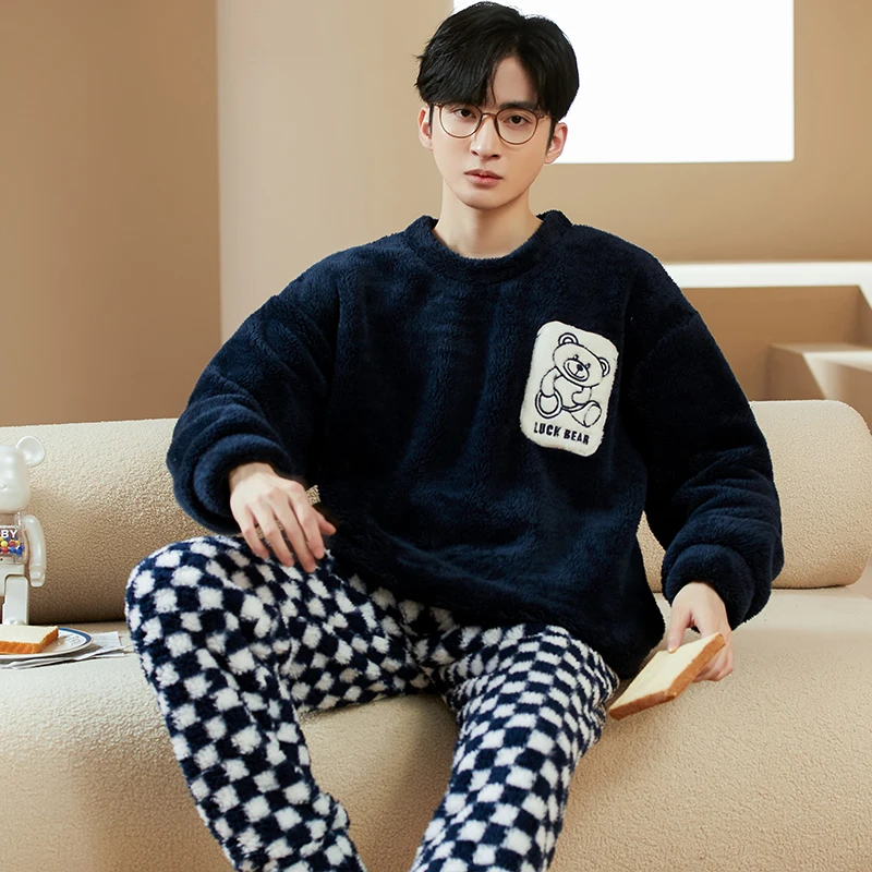 QUHENG 5XL Large Size Flannel Man's Collar Pajamas Set  Winter Warm Home Clothes Coral Fleece Sleepwear Thick Warm Nightwear