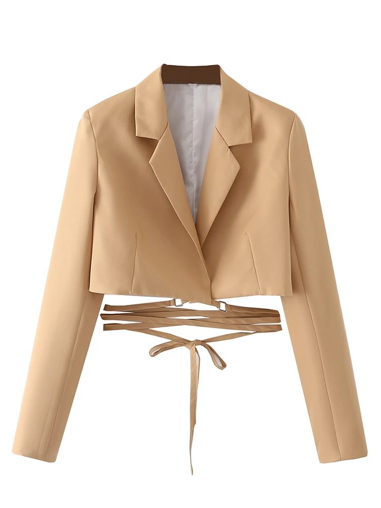 

YENKYE New Autumn Women Khaki Drawstring Cropped Blazer Vintage Long Sleeve Office Ladies Elegant Suit Jacket Short Coat