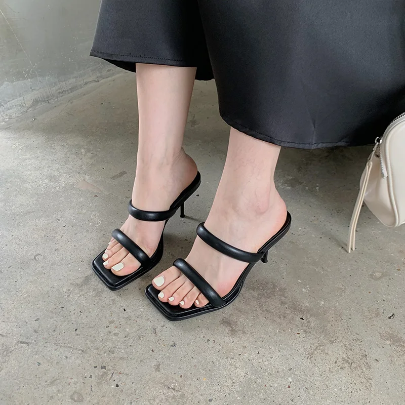 

Open Toe Women Sandals Thin High Heels 2022 New Arrivals Black White Pink Green Casual Slides Mules Shoes Woman Size 35-39