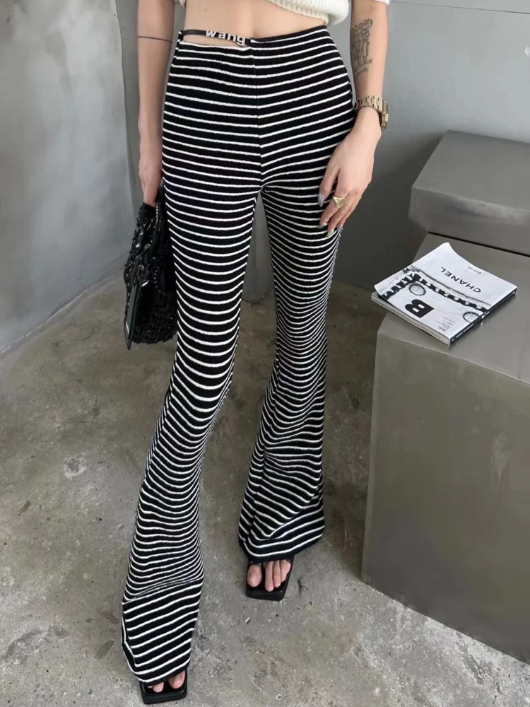 

Simple Metal Diamond Classic Stripe Towel Versatile Elastic Leisure Stretch Pants Women Wide Leg Length Autumn 2023 New