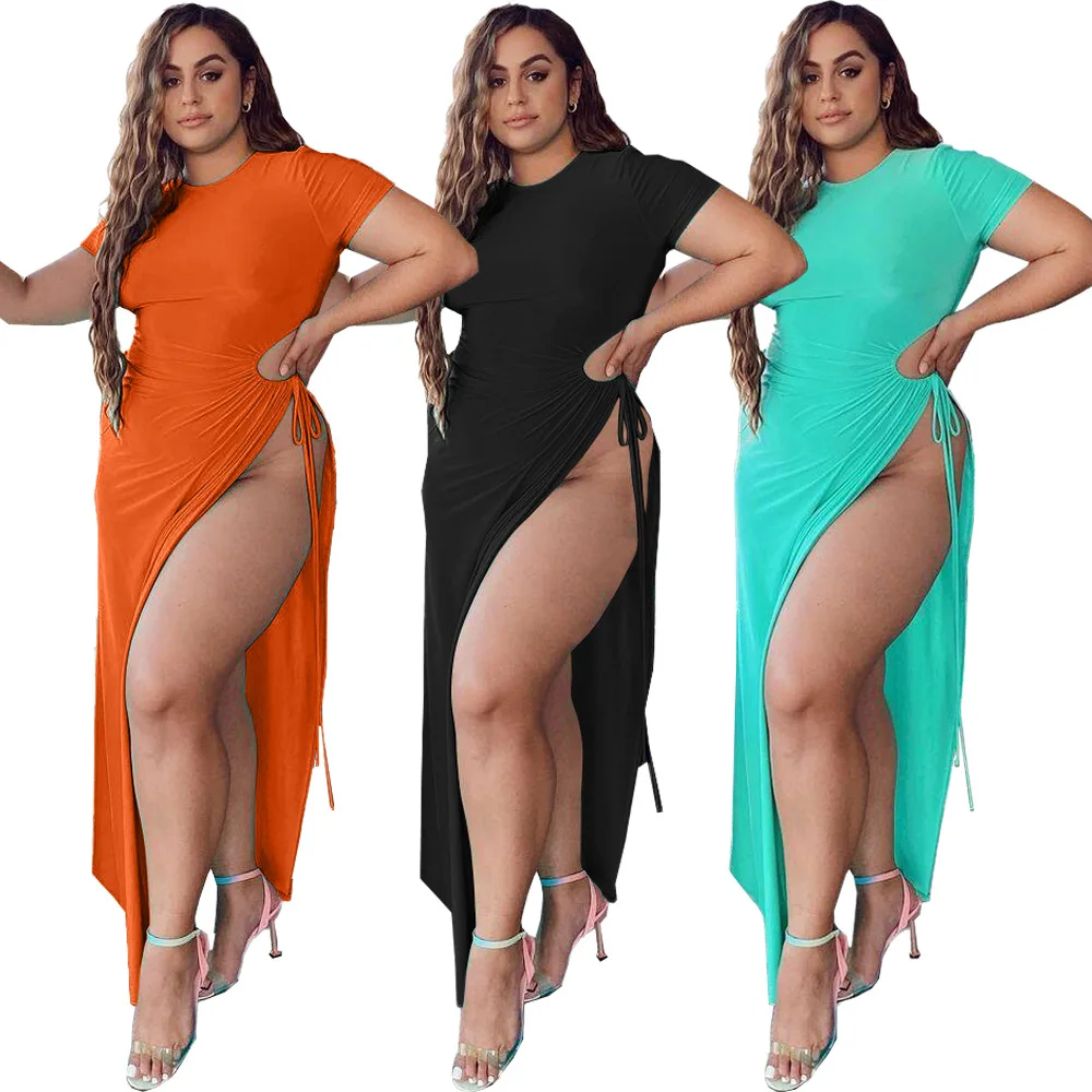 

7DN8605 Summer New Fashion Plus Size Women Sexy High Slit Tied Rope Dress Solid Color Round Neck Explosion Style Women Clothing