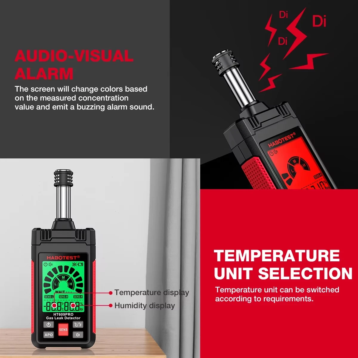 Фото HABOTEST HT609 Pro Детектор природного газа Детектор утечки газа 0-1000PPM Звуковая и экранная сигнализация Детектор природного метана №5