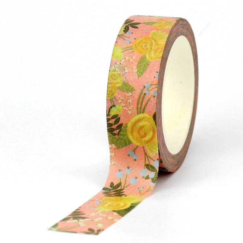 

2022 NEW 1PC 10M Decorative Blooming Yellow Flowers on Pink Washi Tapes for Planner Adhesive Masking Tape Cute Papeleria