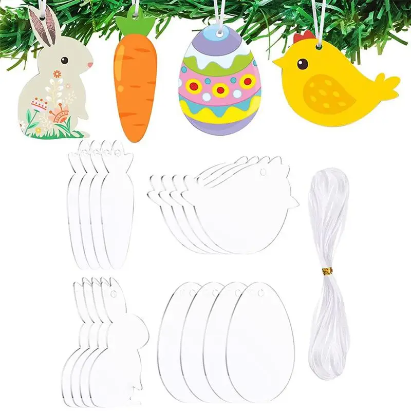 

12Pcs Easter Blank Acrylic Board Pendants DIY Painting Handcraft Bunny Carrot Eggs Chips With Ribbons Kids Graffiti Toy