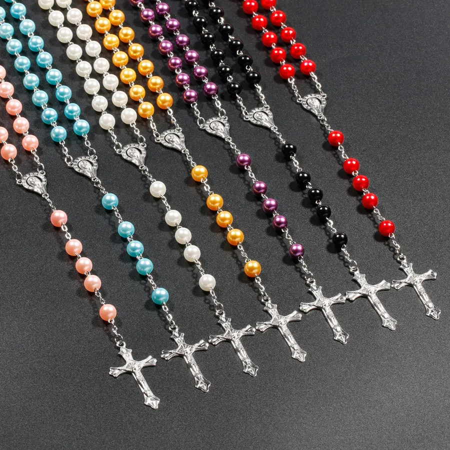 

New Religion Christian Faux pearl Rosary Necklace For Women Virgin Mary Jesus Cross Pendant Long Beads Chains Fashion Jewelry