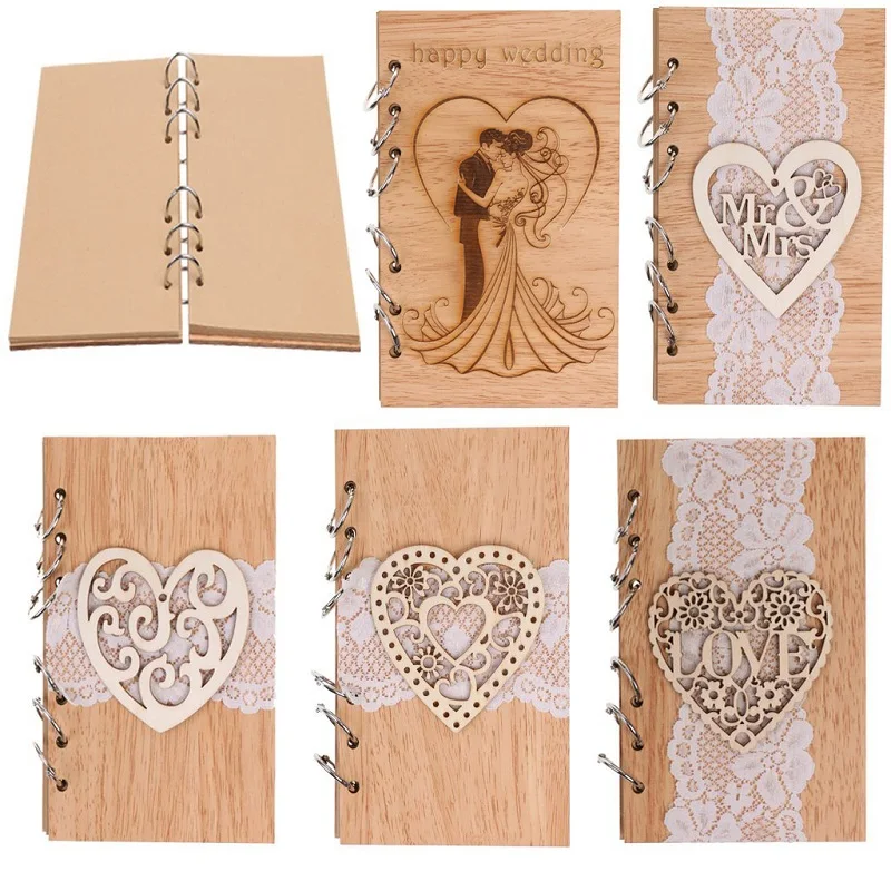 

Wooden Happy Wedding Love Hollowed-Out Mr Mrs Guestbook 35pages Notepad Loose Leaf Photo Album Notebook Creative Crafts Gift