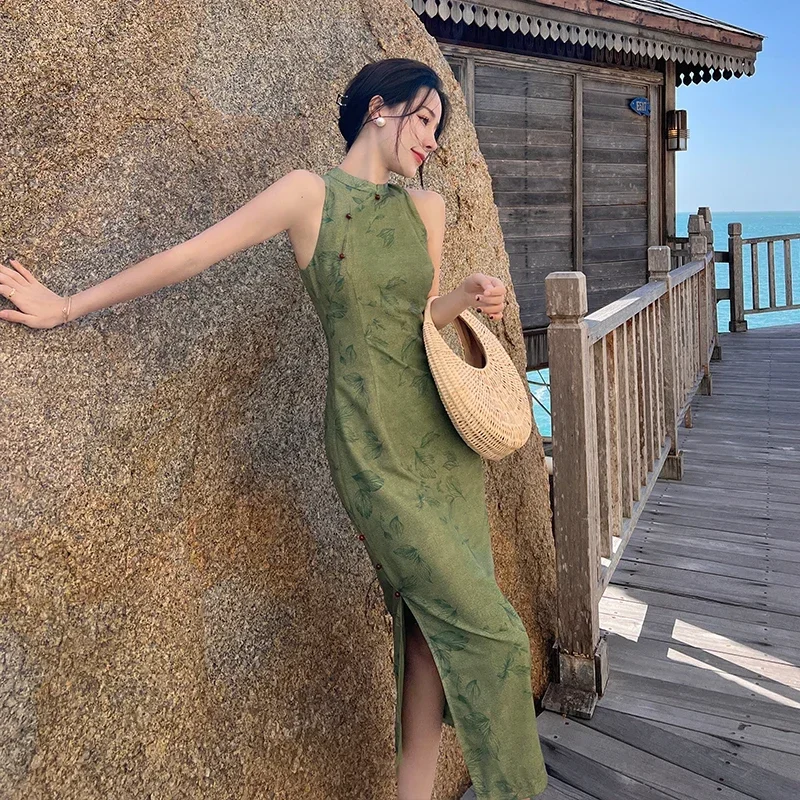 Фото Платье Cheongsam в китайском стиле, женское элегантное летнее платье без рукавов с разрезом, сексуальные тонкие платья миди, женское зеленое Ципао, 2024, горячая распродажа №4