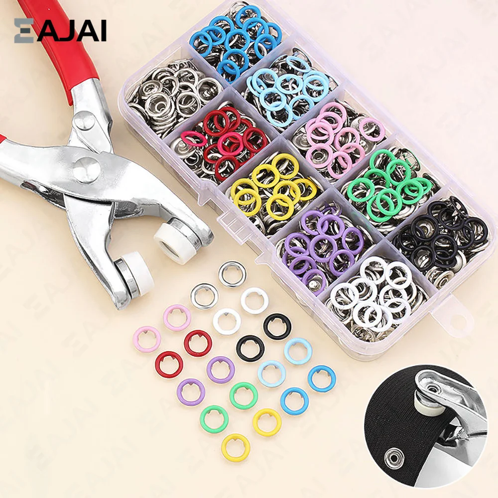 

50sets 9.5mm Buckle Buttons Metal Colour Pliers Snap Button Claw Set Hand Pressure Plier Rivet Buckle Installation Tool Kit DIY