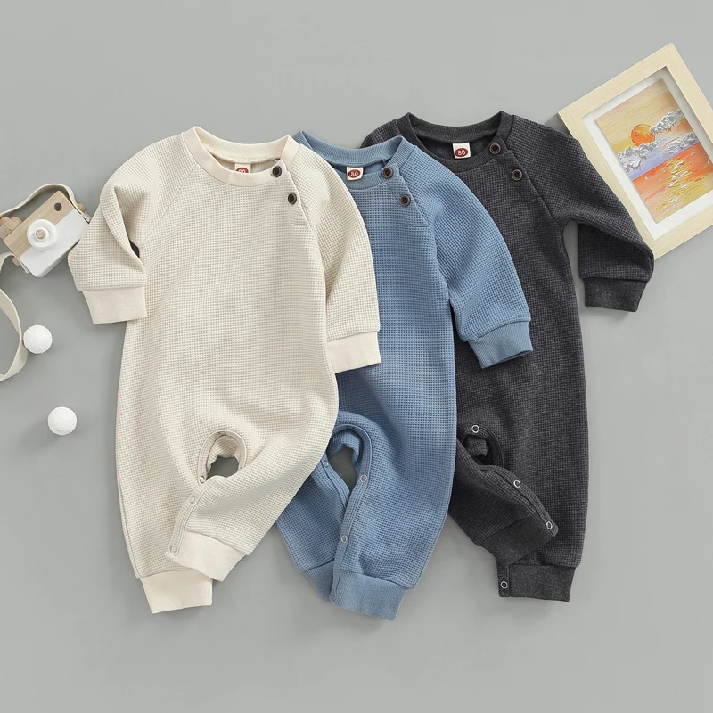 

2022-07-05 Lioraitiin 0-24M Infant Baby Boy Girl Autumn Jumpsuit Solid Color Waffle Long Sleeve Round Neck Snap Closure Romper