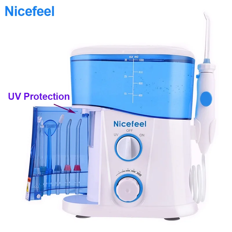 Irrigatore orale Nicefeel e detergente per denti Flosser per acqua dentale con serbatoio d'acqua da 1000ml, 7 ugelli, pressione dell'acqua regolabile