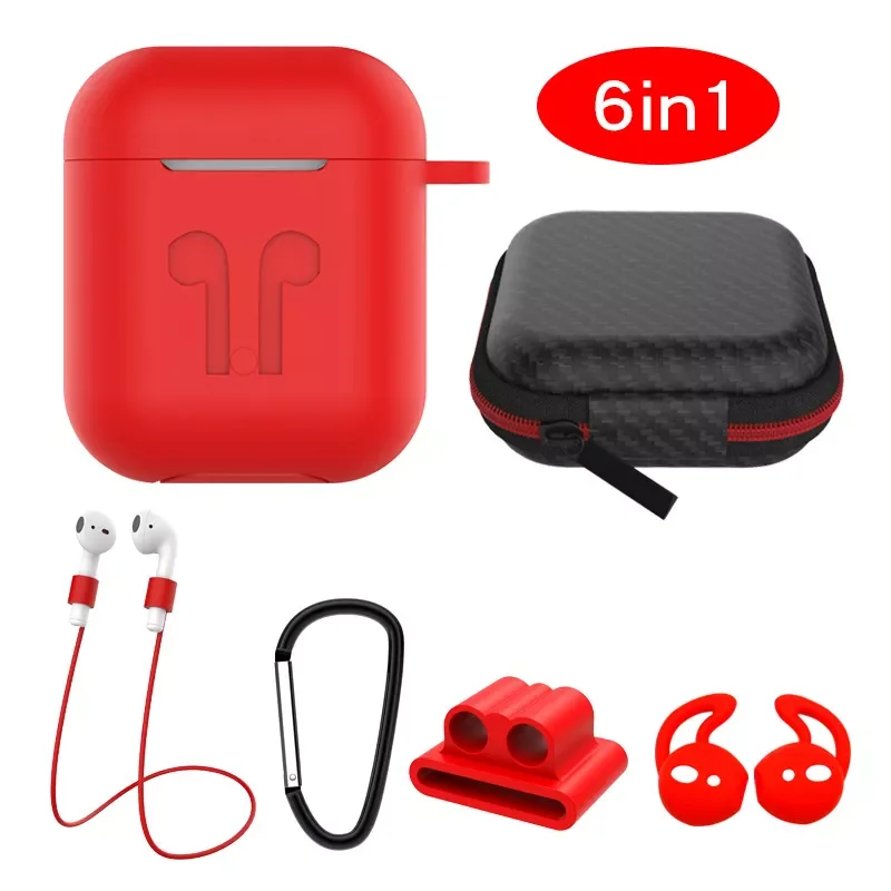 

6 IN-1 Cases Lanyard Carabiner Protective Case For AirPods Headphone Silicone Cover For Air Pods 2 Case Accessories Storage Box