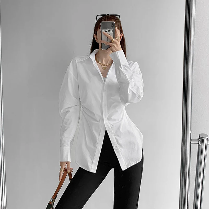 White Long Sleeve Shirts Women 2023 New Fashion Design Slim Button Down A Line Waist Folds Tops and Bloues