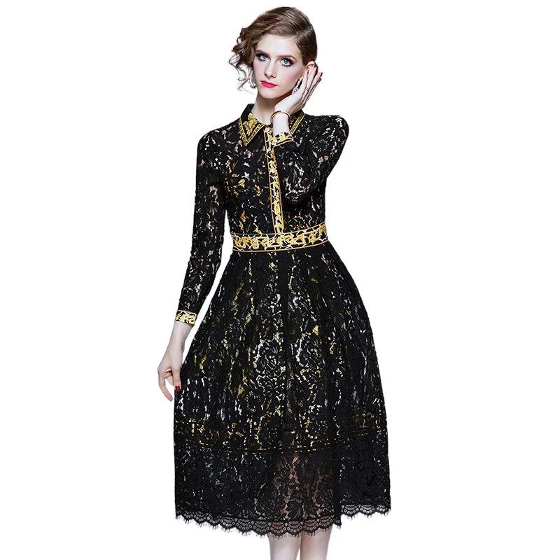 Simgent Elegant Dresses For Women Autumn Long Sleeve Turn Down Collar A Line Patchwork Lace Dress Jurken Dames 2022 SG28223