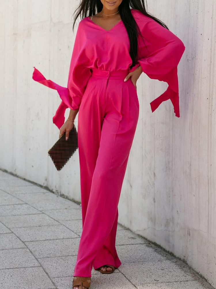 

2022 Sexy Double V Neck Backless Blouse Outfits Women Spring Elegant Office Lady Suit Casual Solid Loose Two-piece Sets Harajuku
