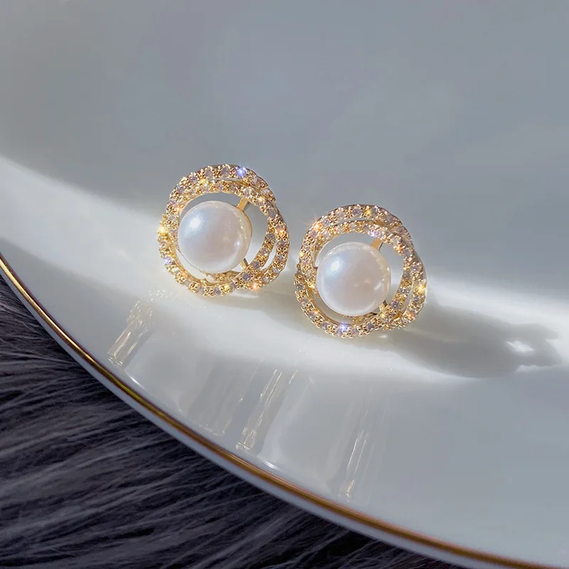 

New Formal Dress Essential Silver Needle Anti-Allergy Gold Elegant Graceful Full Diamond Pearl Ear Studs Earrings for Women Girl