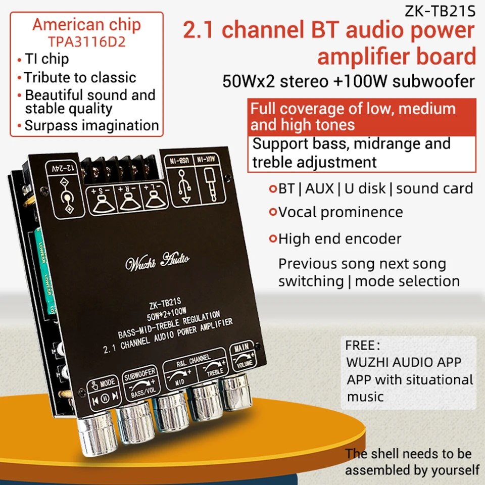 ZK-TB21S TPA3116 усилитель звука Bluetooth Board 50W * 2 + 100W 2,1 Channel сабвуфер с управлением громкостью AUX USB для динамиков DIY