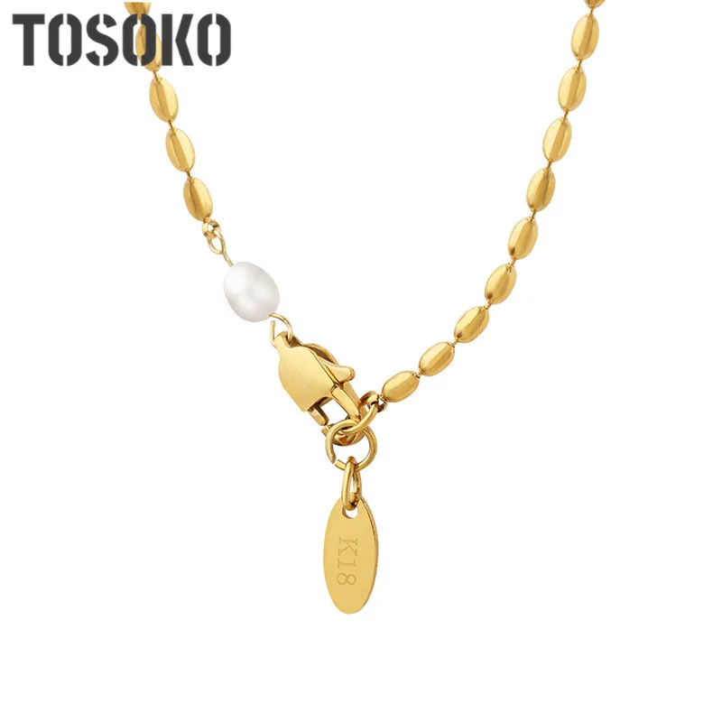 

TOSOKO Stainless Steel Jewelry Freshwater Pearl Splicing Chain Simple Rice Bead Female Fashion Collarbone Chain BSP1265